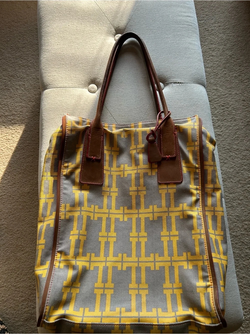 Yellow and Gray Patterned Tote with Brown Trim